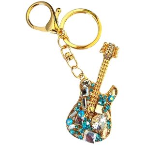 Gold and Blue Rhinestone Crystal Guitar Purse Charm Keychain